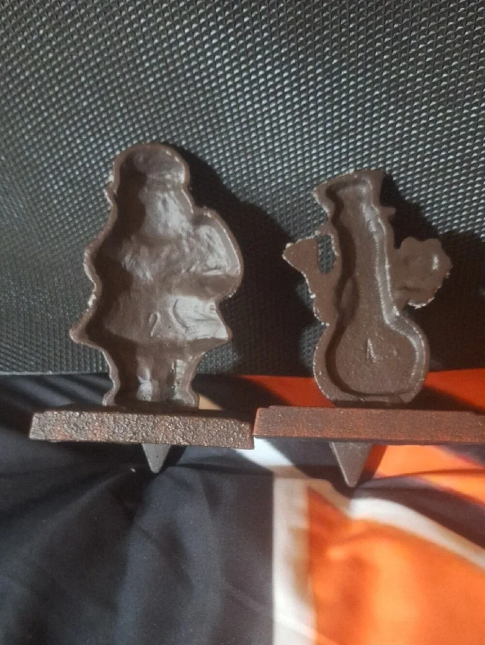 Brown Santa and Snowman Stocking Holders - Holiday Mantel Decor